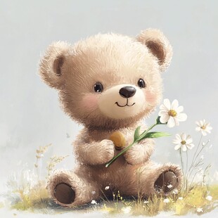 小熊手持雏菊坐于草地