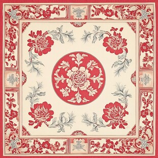 中式复古花卉图案方巾