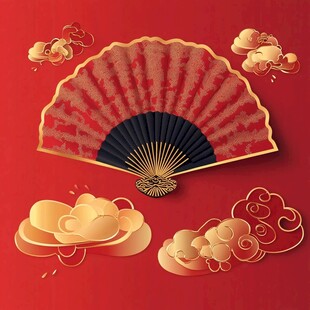 中式折扇与祥云装饰元素