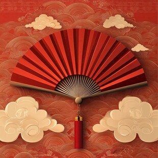 中式折扇于古典云纹背景中