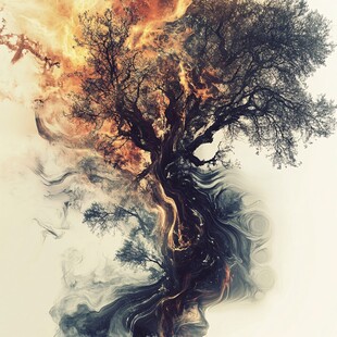 火焰与烟雾交织的奇幻之树