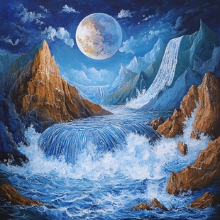 月夜下的山海瀑布景观