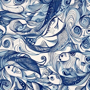 海洋生物蓝白手绘无缝图案