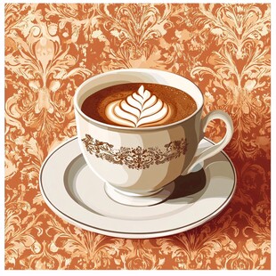复古风花纹背景中的拿铁咖啡
