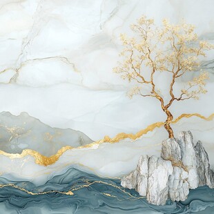 水墨金树山水意境壁画