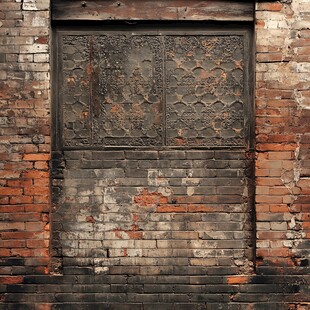 复古砖墙中的雕花旧铁门