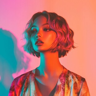 梦幻光影下的短发时尚女性