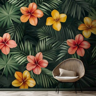 热带花卉墙纸搭配简约座椅