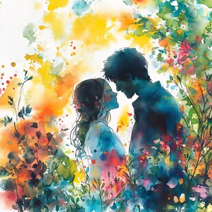 浪漫情侣于缤纷花丛中相依