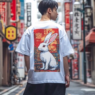街头潮男穿白兔印花T恤