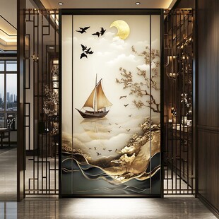 中式玄关处的船月飞鸟壁画