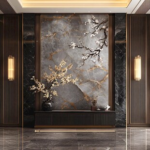 中式奢华玄关大理石梅花景
