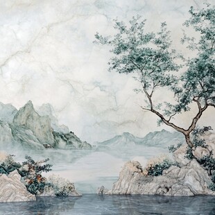 水墨山水间的孤树奇石