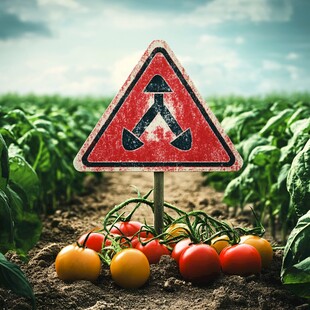 农田警示标志与新鲜番茄
