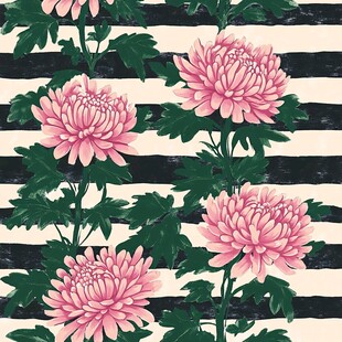 条纹背景粉色菊花图案