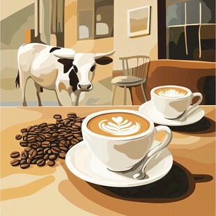 牛与咖啡的温馨室内场景