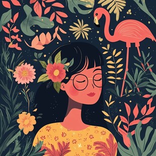 女孩与火烈鸟的奇幻植物世界
