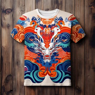 中式龙纹印花潮流T恤