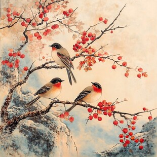 枝头三鸟栖 红果映冬景