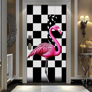 火烈鸟棋盘格创意入户门装饰