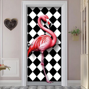 火烈鸟黑白格门贴装饰图