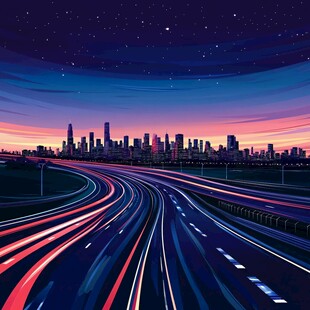 夜幕下城市公路的绚丽光影