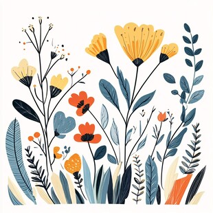 手绘多彩花卉植物插画