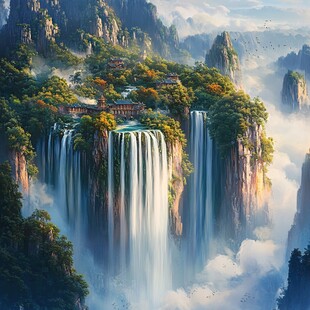 仙境般的山水瀑布景观