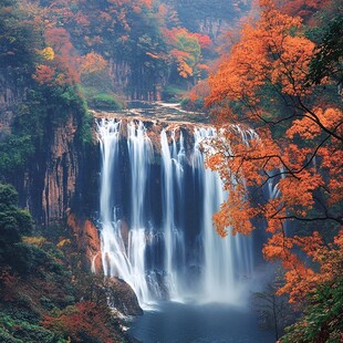 秋日瀑布 红叶与飞瀑之美