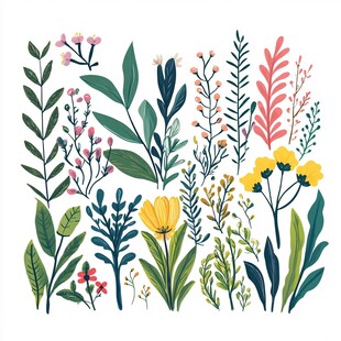 手绘清新花草植物元素图