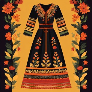 民族风刺绣长裙插画