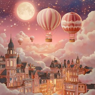 梦幻月夜下的热气球城市