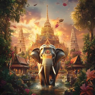 大象漫步于梦幻泰式寺庙