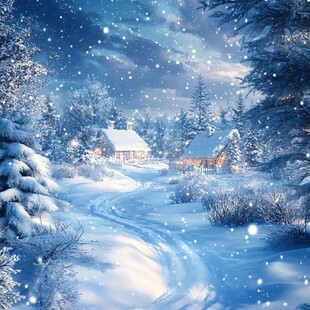 梦幻冬夜雪中小屋美景