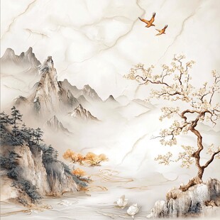 山水间飞鸟栖树写意画