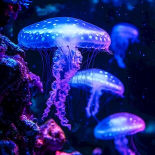 梦幻水母在幽蓝水中舞动