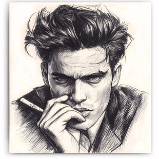 帅气型男叼烟素描肖像