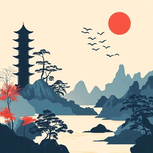 中式山水古塔红日飞鸟景