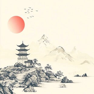 中式山水亭阁落日图景