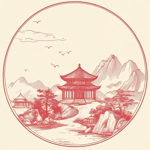 中式山水亭阁圆形写意画