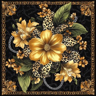 金色花卉豹纹复古风方巾图案