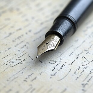 复古钢笔置于手写稿之上