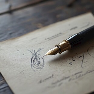 复古钢笔置于手写稿纸上