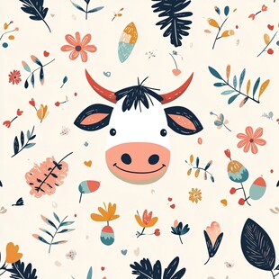 卡通牛与花卉植物图案