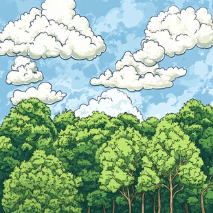 蓝天白云下的茂密森林