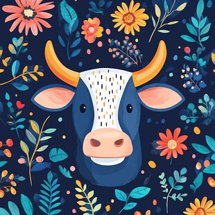 卡通牛置身缤纷花卉世界