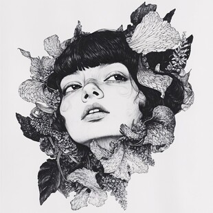 叶间女子头像黑白艺术画