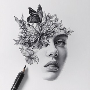 梦幻花卉蝴蝶人脸素描画