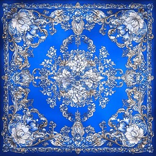 蓝色花卉复古风丝巾图案