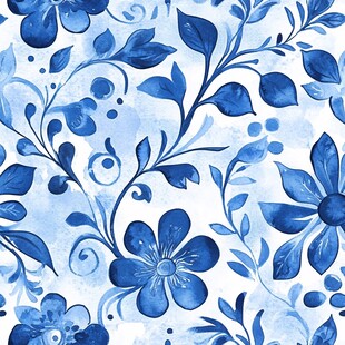 蓝白花卉水彩风无缝图案